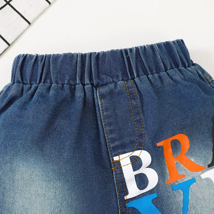 Children's Letter Round Neck Top and Denim Shorts Set