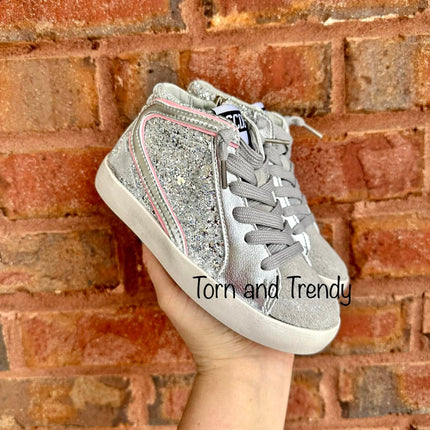 Silver and Pink Hi Top Star Sneakers