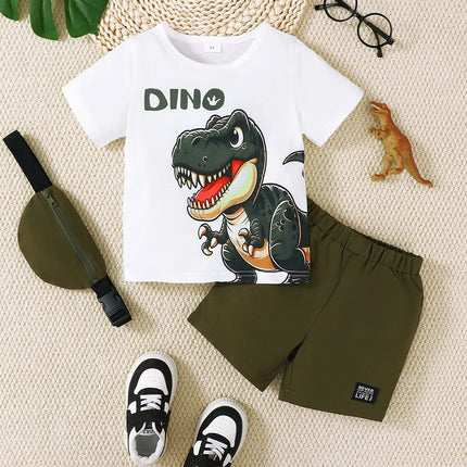 Children's Dinosaur Round Neck Top and Pants Set with Crossbody Bag