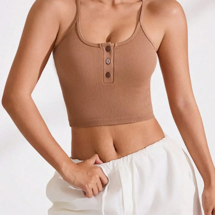 Ribbed Half Button Cropped Active Cami