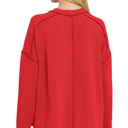 Full Size Exposed Seam Long Sleeve Corded Rib Knit Top Plus Size