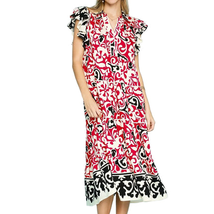 Printed Ruffled Cap Sleeve Midi Dress
