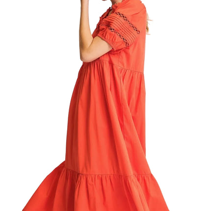 Short Sleeve Lace-Trim Ruffled Midi Dress