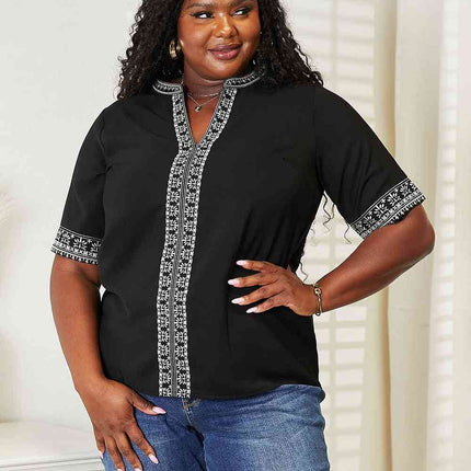 Double Take Embroidered Notched Neck Women Top