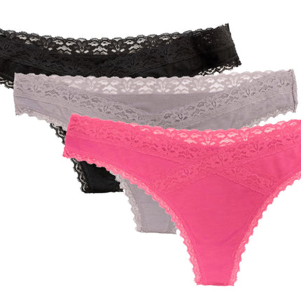 V-Front Modal Thong with Lace 3 Pack