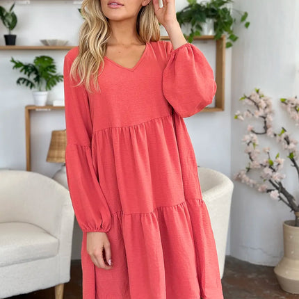 Garden Naked Women's Casual Dress Babydoll Tiered Dress with Pockets Long Sleeve Ruffle Hem Soft Cotton Blend Loose Fit