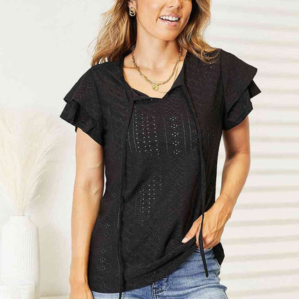 Double Take Eyelet Tie-Neck Flutter Sleeve Women Blouse