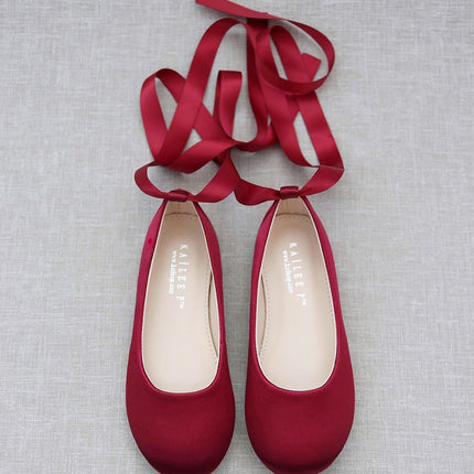 Satin Ballet Flats with Ankle Tie or Ballerina Lace Up
