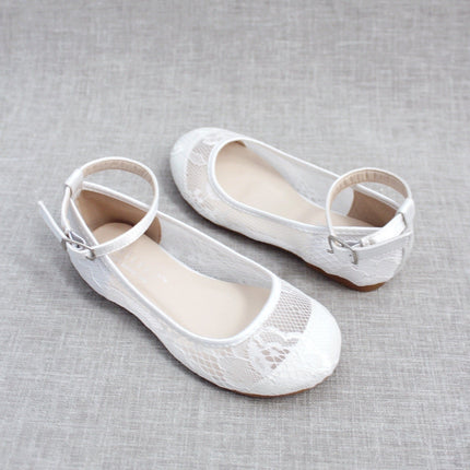 White New Lace Ballet Flats with Ankle Strap