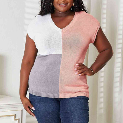 Double Take Color Block V-Neck Knit Top