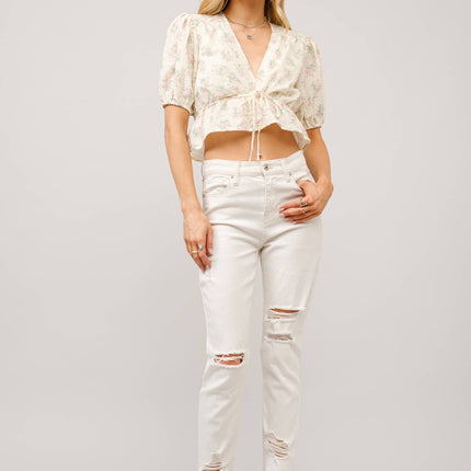 Petticoat Puff Sleeve Tie Front Peplum Top