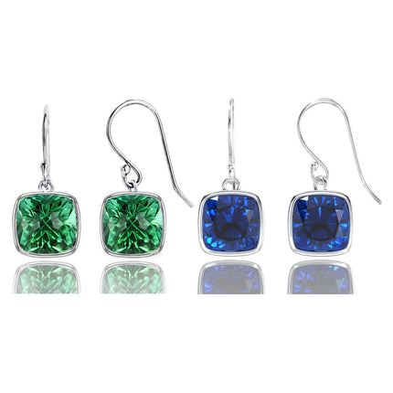 2 Pair Pack: 9.00 CTW Cushion Cut Created Blue Sapphire & Emerald Drop Earrings – Available in .925 Sterling Silver or 14kt Yellow Gold Over .925 – 8mm Square Gems