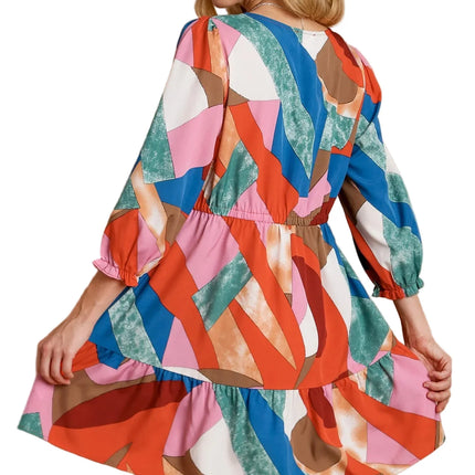 Abstract V-Neck Tiered Printed Dress