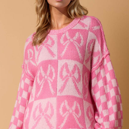 Double Take Full Size Checkered Bow Contrast Long Sleeve Women Sweater