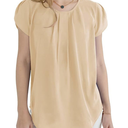 Polyester Blouses - Women's Chiffon Blouse Short Sleeve Pleated Top with Keyhole Back Detail