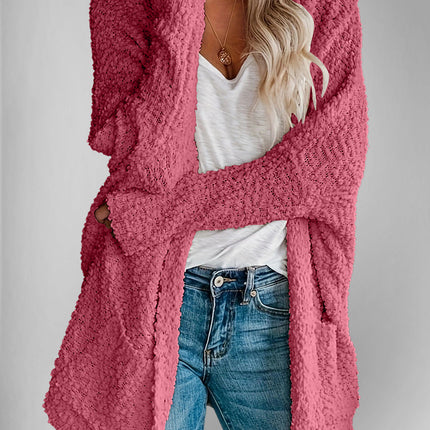 Velvet Bloom Pocketed Open Front Long Sleeve Women Cardigan