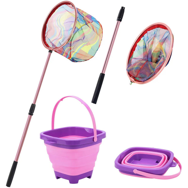 Kids Fishing Net Telescopic Landing Net with Aluminum Pole Handle Collapsible Bucket Kids Sand Pail Butterfly Nets for Kids Fishing Net for Kids Outdoor Playing (Pink)