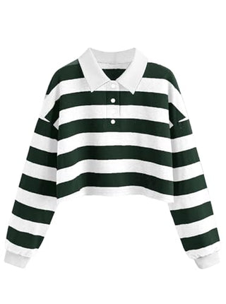 Natalie Winters Dress - Remidoo Women's Collared Half Button Long Sleeve Striped Crop Top Sweatshirt