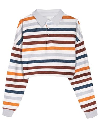 Natalie Winters Dress - Remidoo Women's Collared Half Button Long Sleeve Striped Crop Top Sweatshirt