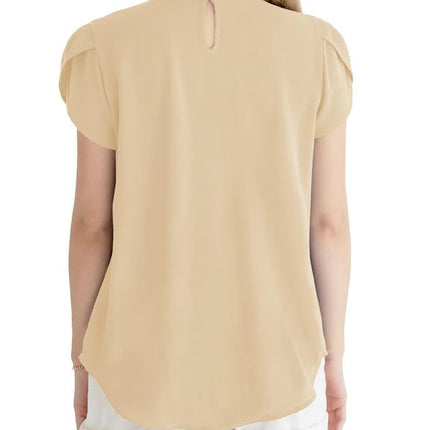 Polyester Blouses - Women's Chiffon Blouse Short Sleeve Pleated Top with Keyhole Back Detail