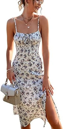 Sundresses - Floerns Women's Summer Split Thigh Spaghetti Strap Cami Midi Floral Dress