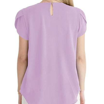Polyester Blouses - Women's Chiffon Blouse Short Sleeve Pleated Top with Keyhole Back Detail