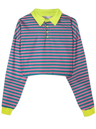 Natalie Winters Dress - Remidoo Women's Collared Half Button Long Sleeve Striped Crop Top Sweatshirt