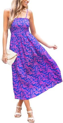 Sundresses - CUPSHE Women's Maxi Dress Ditsy Floral Smocked Summer Sundress Sleeveless Ruffled Spaghetti Straps Long Beach Formal Dress
