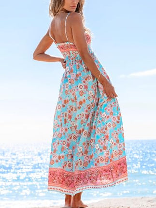 Sundresses - CUPSHE Women's Maxi Dress Ditsy Floral Smocked Summer Sundress Sleeveless Ruffled Spaghetti Straps Long Beach Formal Dress