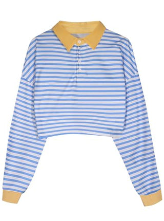 Natalie Winters Dress - Remidoo Women's Collared Half Button Long Sleeve Striped Crop Top Sweatshirt