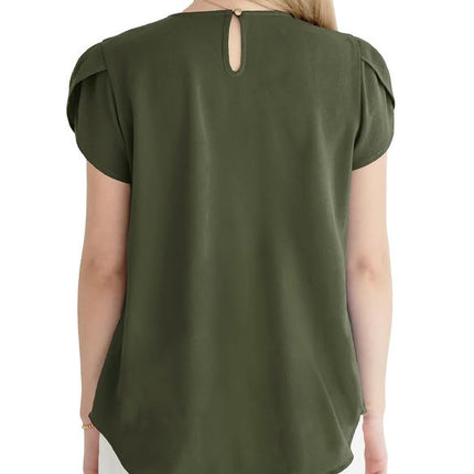 Polyester Blouses - Women's Chiffon Blouse Short Sleeve Pleated Top with Keyhole Back Detail
