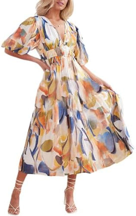 Easter Dress Women - Sissyaki Women's Boho Floral Midi Dress Smocked Beach Flowy Dress