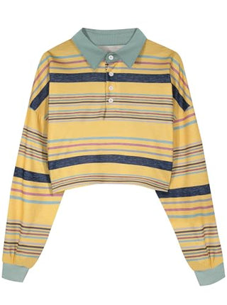 Natalie Winters Dress - Remidoo Women's Collared Half Button Long Sleeve Striped Crop Top Sweatshirt