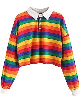 Natalie Winters Dress - Remidoo Women's Collared Half Button Long Sleeve Striped Crop Top Sweatshirt