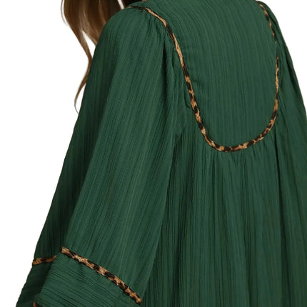 Garden Naked Womens Casual Shift Dress Boho Leopard Trim Pleated Babydoll Mini Green Balloon Sleeve Daily Wear