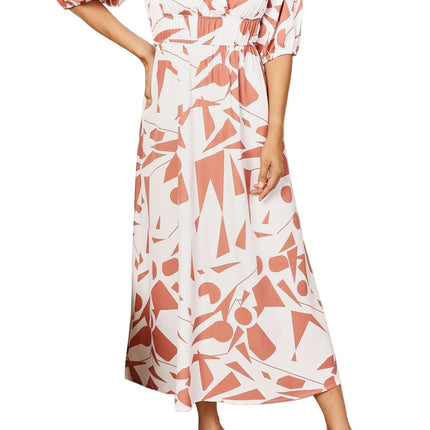 Women's Casual Midi Dress Printed Balloon Sleeve Wrap Dress Rust and White Short-Sleeve Fit