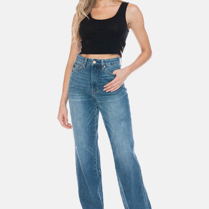 Judy Blue Full Size Tummy Control Cut Raw Hem Straight Women Jeans