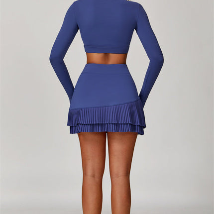 The Lavish Long Sleeve Cut-out Crop Top Tennis Skirt 2-Piece Set