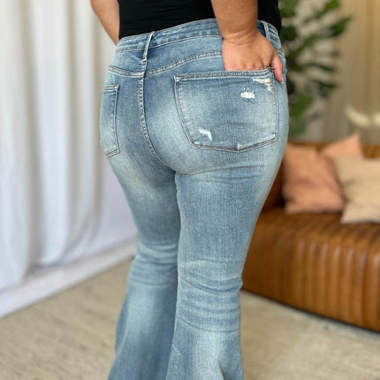 Judy Blue Full Size Medium Rise Tummy Control Destroy Flare Women Jeans