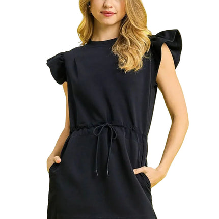 Garden Naked Womens Casual Mini Dress Elegant Ruffled Cap Sleeve Black Drawstring Waist Modern Statement Piece