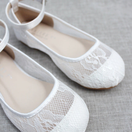 White New Lace Ballet Flats with Ankle Strap