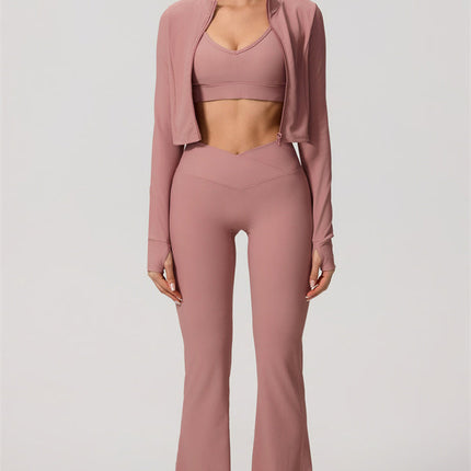The Daze Zip Jacket Sports Bra Flared Leggings 3-Piece Set