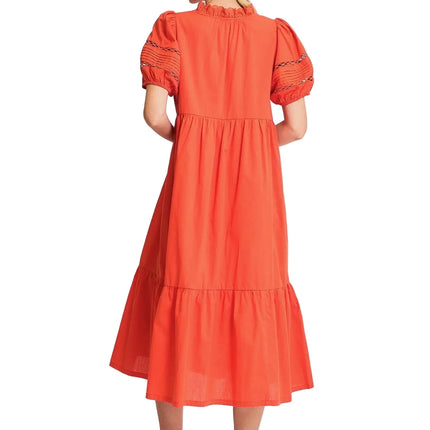 Short Sleeve Lace-Trim Ruffled Midi Dress