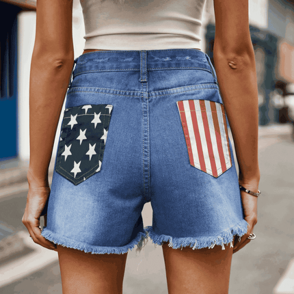 US Flag Distressed Denim Shorts with Frayed Hem