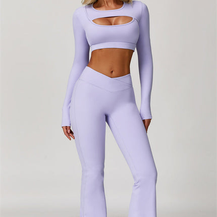 The Lavish Long Sleeve Cut-out Crop Top Flared Leggings 2-Piece Set