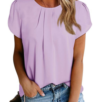 Polyester Blouses - Women's Chiffon Blouse Short Sleeve Pleated Top with Keyhole Back Detail