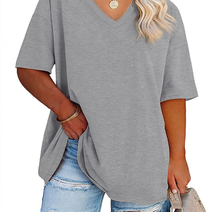 Cato Fashions Online - Women's Plus Size V-Neck Cotton T-Shirts - Summer Half Sleeve Casual Loose Fit Tunic Tops