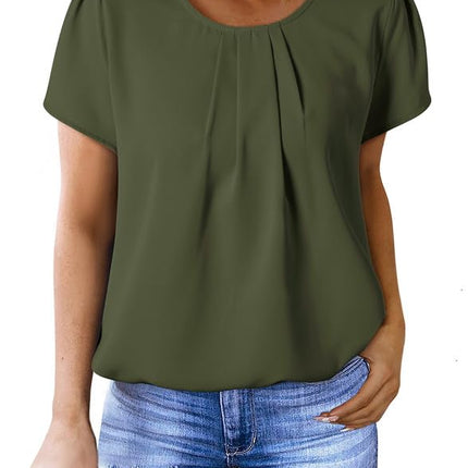 Polyester Blouses - Women's Chiffon Blouse Short Sleeve Pleated Top with Keyhole Back Detail