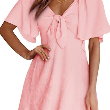 Women's Deep V-Neck Mini Dress with Bow Tie - Elegant Summer Fall Outfit