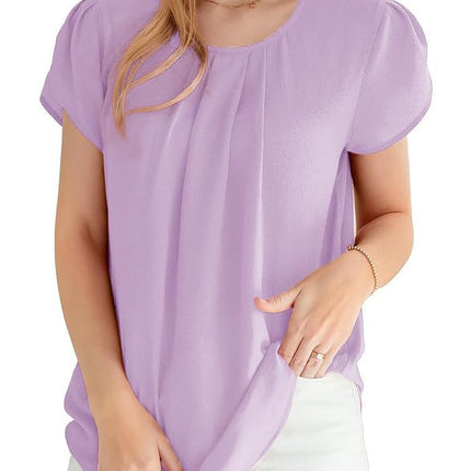 Polyester Blouses - Women's Chiffon Blouse Short Sleeve Pleated Top with Keyhole Back Detail